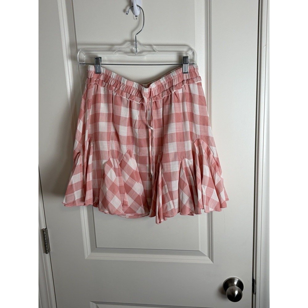 Entro Pink White Gingham Ruffle Skirt Cottage Coastal, Size Large